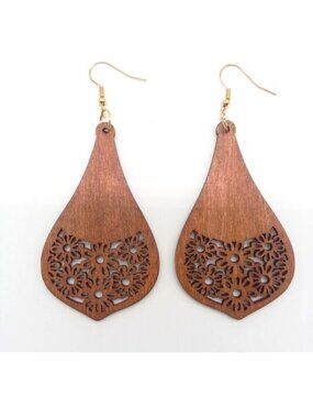 Earrings Wooden Flower Large Cut Bohemian Hollow Boho Carved Trendy Stylish Fun